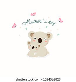 Happy Mother's day card. Mother Koala hugging her baby.