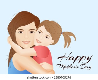 Happy Mothers Day card with mother holding child, daughter hugging mom, cartoon vector illustration
