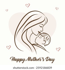 Happy Mother's Day card . Mother and baby line art vector illustration.
