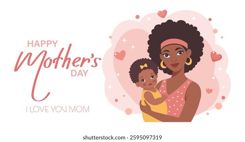 Happy Mother's Day card. Happy mother holding her daughter in her arms. Flat style illustration.