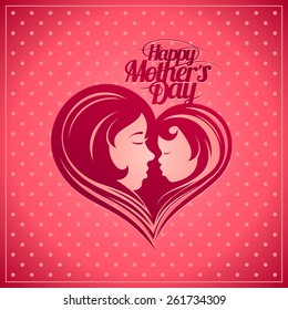 Happy Mother's Day card with mother and child heart-shaped silhouette in a profile.