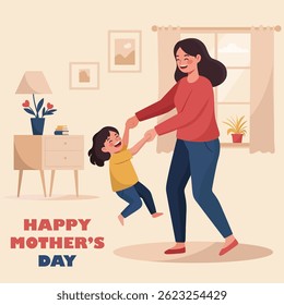 Happy mother's day card with mother playing with her daughter in a living room vector illustration