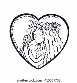 Happy mother's day card. Mother with daughter. Line illustration. Hand drawn postcard with mother and daughter hugging inside heart.