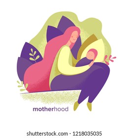 Happy mothers day card. Motherhood vector cute illustration in flat style. Cartoon mom and her baby.