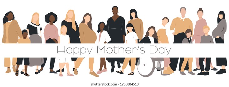 Happy Mother's Day card. Multicultural group of mothers with kids collection. Flat vector illustration.