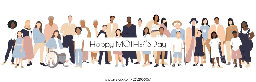 Happy Mother's Day card. Multicultural group of mothers with kids collection. Flat vector illustration.	