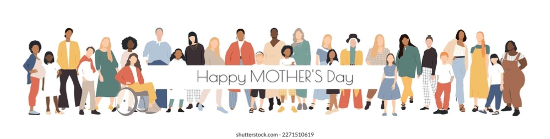 Happy Mother's Day card. Multicultural group of mothers with kids collection. Flat vector illustration.