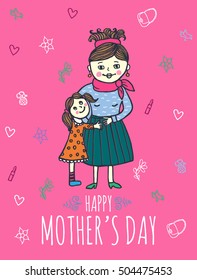 Happy Mother's day card with mum and daughter. Vector illustrated card.