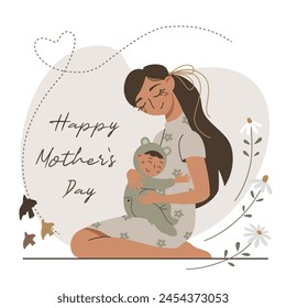 Happy Mother`s Day card. Nice young woman with her baby. Love and care about child. Happy motherhood. Beautiful mom with kid.