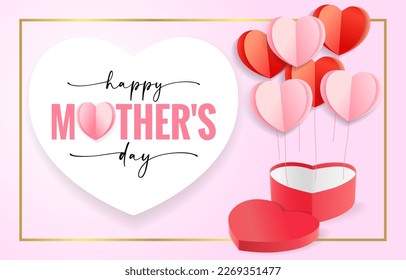 Happy Mothers Day card with paper hearts and heart gift box. Vector Mother's day design for special offer banner or shopping sale. Best Mom ever, greeting card