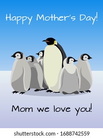 Happy mother's day card with penguin mom and many children, cute realistic animal flat vector illustration.