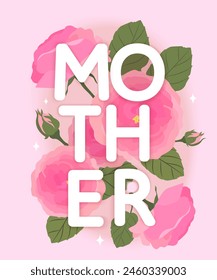 Happy Mother's day card with pink roses. Vector Illustration.