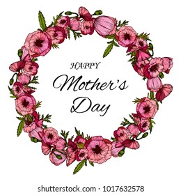 Happy Mother's Day card with poppy flower in hand drawn style. Vector illustration