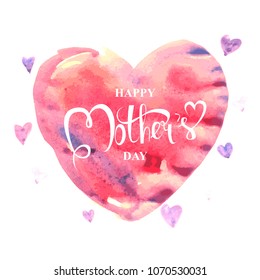Happy Mother's day. Card or poster template with flower and hand lettering inscription on pink abstract heart shaped blurred background. Decoration for Mothers Day design. Font illustration.