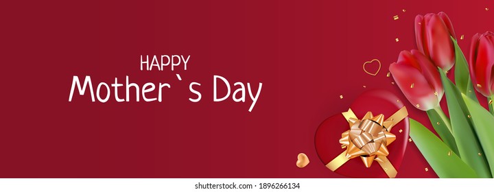 Happy Mother`s Day Card with Realistic Tulip Flowers. Template  for advertising, web, social media and fashion ads.  Poster, flyer, greeting card, header for website  Vector Illustration.