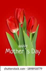 Happy Mother`s Day Card with Realistic Tulip Flowers. Template  for advertising, web, social media and fashion ads.  Poster, flyer, greeting card, header for website  Vector Illustration. 