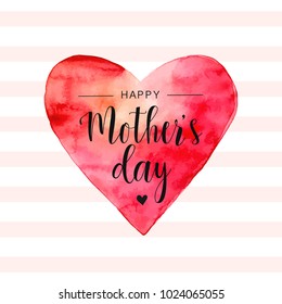 Happy Mother's day card. Red watercolor heart with text on white and pink striped background. Romantic vector illustration. Vector card, badge for Mother's day. Love Mom concept