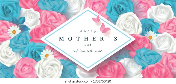 Happy mother's day card with roses and butterflies. Floral background. Template design for postcard, flyer,poster, invitation.Vector illustration