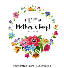 Happy Mother's Day card with and round flowers frame. Lettering Happy Mother's Day. Vector floral wreath with poppy, forget-me-not, sunflower, butterflower around inscription.