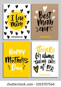 Happy Mother's Day card set in trendy colors with lettering. I love my Mom. Best Mom ever. Happy Mother's day. Thanks for always taking care of me. Modern lettering for greeting card or invitations.