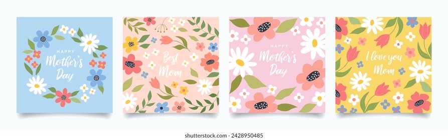 Happy Mother's Day card set. Trendy poster, banner, social media post with with hand drawn flowers frame, abstract floral pattern. Vector spring summer floral design template.