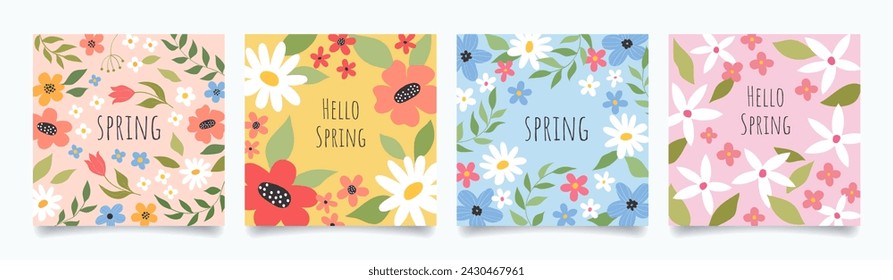 Juego de tarjetas del Día de la Madre. Afiche de moda, banner, publicación en redes sociales con marco de flores dibujadas a mano, patrón floral abstracto. Vector primavera verano plantilla de diseño floral.