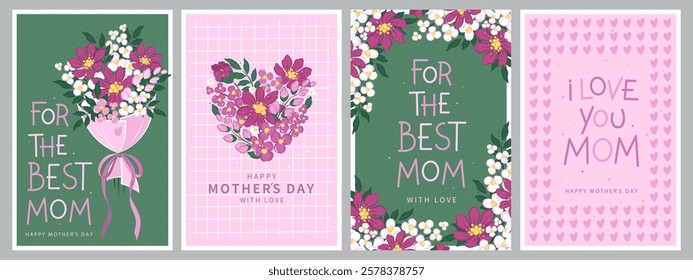 Happy Mother's Day card set, Spring summer floral design. For the best mom inscription. Vector illustration for banner, poster, label, template or cover with flowers frame. 
