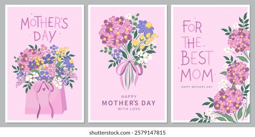 Happy Mother's Day card set, Spring summer floral design. For the best mom inscription. Vector illustration for banner, poster, label, template or cover with flowers frame. 
