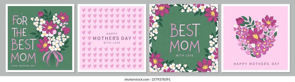 Happy Mother's Day card set, Spring summer floral design. For the best mom inscription. Vector illustration for banner, poster, label, template or cover with flowers frame. 
