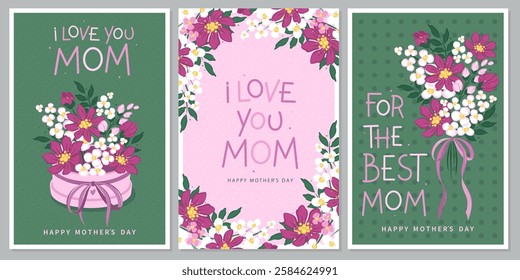 Happy Mother's Day card set, Spring summer floral design. For the best mom inscription. Vector illustration for banner, poster, label, template or cover with flowers frame. 
