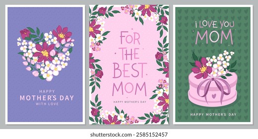 Happy Mother's Day card set, Spring summer floral design. For the best mom inscription. Vector illustration for banner, poster, label, template or cover with flowers frame. 
