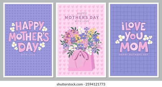 Happy Mother's Day card set, Spring summer floral design. I love you mom inscription. Vector illustration for banner, poster, template. 
