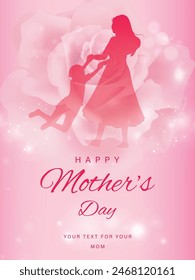 Happy Mothers Day Card With Silhouette of Mother and Child on Pink Background
