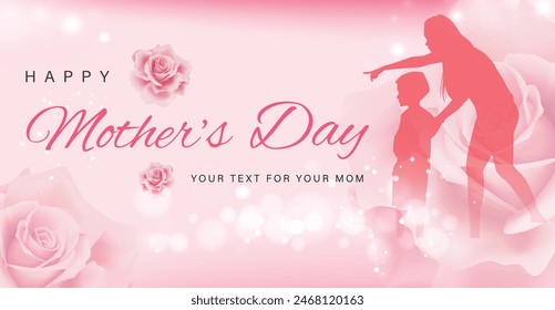 Happy Mothers Day Card With Silhouette of Mother and Child on Pink Background