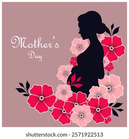 Happy mother's day card with silhouette of pregnant woman and floral wreath