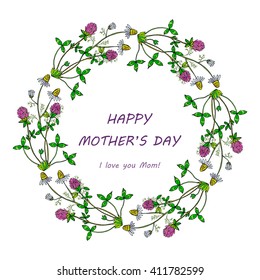 Happy mothers day card. Spring wreath with flowers. Vector illustration