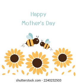 Happy mother's day card with sunflower field, petals and bee cartoons on white background vector illustration.