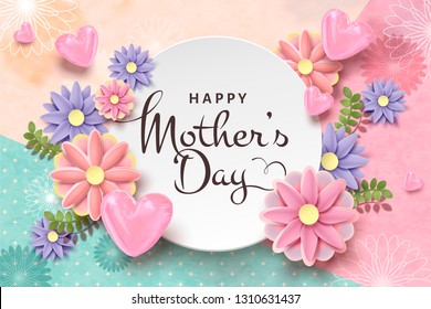 Happy mother's day card template with paper flowers and foil heart shaped balloons