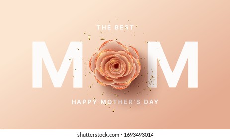 Happy Mother's Day card template. Holiday greeting card with realistic 3d gentle flower with golden sand. Vector illustration with paper pink rose and gold confetti.