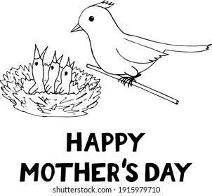 happy mothers day card template bird mom and chicks in the nest icon, sticker. sketch hand drawn doodle style. minimalism, monochrome. spring, brood