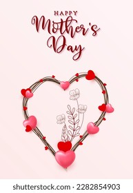 Happy mothers day card template with hand drawn abstract love heart and flower