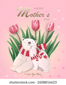 Happy mother's day card template with elegant tulip flowers, mother polar bear and baby polar bear. Vector illustration. Perfect for greeting card, cover design, banner, poster, invitations.