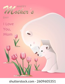 Happy mother's day card template with elegant tulip flowers, mother polar bear and baby polar bear on pink gradient background. Perfect for greeting card, cover design, banner, poster, invitations.