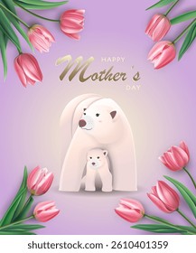Happy mother's day card template with elegant tulip flowers, mother polar bear and baby polar bear on purple gradient background. Perfect for greeting card, cover design, banner, poster, invitations.