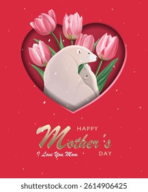 Happy mother's day card template with polar bear and tulip flowers in heart-shaped paper cutout. Vector illustration of tulip flowers and typography design. Perfect for cover design and invitations.