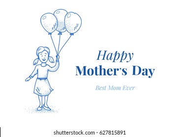 Happy mothers day card template. Daughter with balloons. Small girl. Hand drawn illustration in blue line design. 