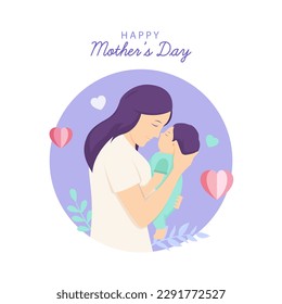 Happy Mother's Day Card. Vector illustration of mother holding her baby in arms with love.