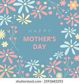 Happy Mother's Day card vector illustration with beautiful flowers on a soft blue background – cute floral design for celebrating moms, perfect for greeting cards, invitations, posters, and decoration