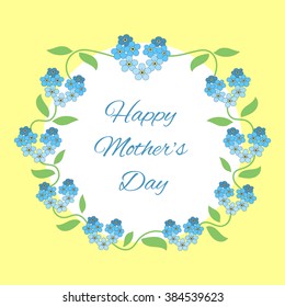 Happy mothers day card vector. Bright spring concept illustration with blue flowers on yellow background