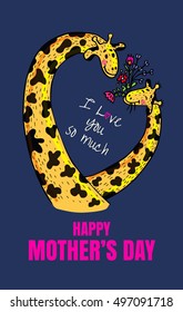 Happy Mother's Day card. Vector illustrated poster with giraffe characters.